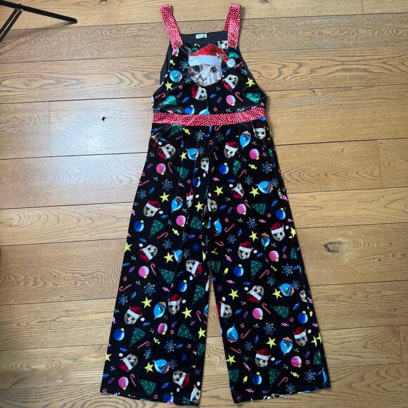 Christmas Cat Overalls SZ L Ugly Sweater Jumper Velvet Wide Leg Love On A Hanger - Picture 1 of 11